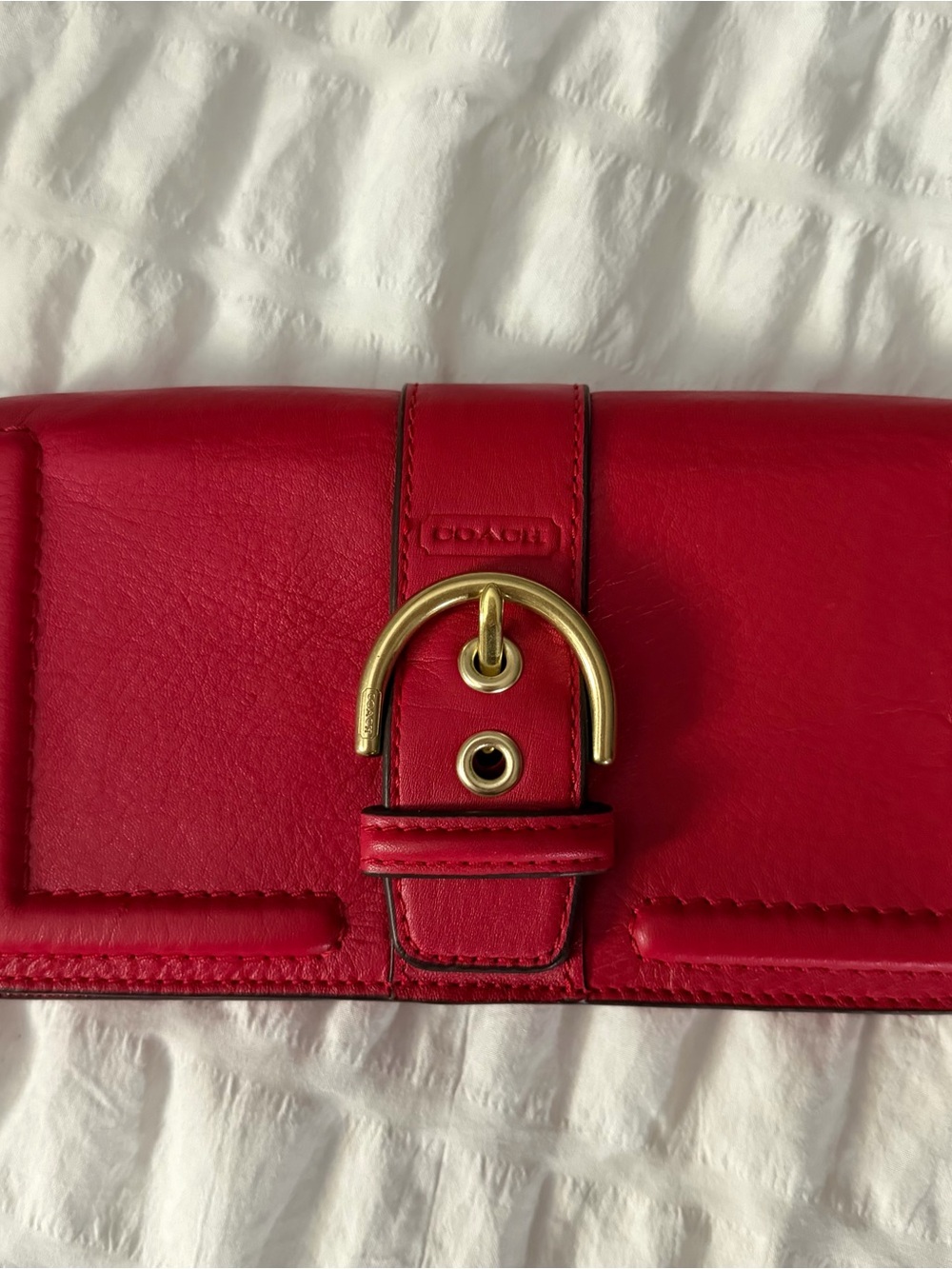 Coach Red Leather Wristlet Wallet Clutch with Buckle Detail